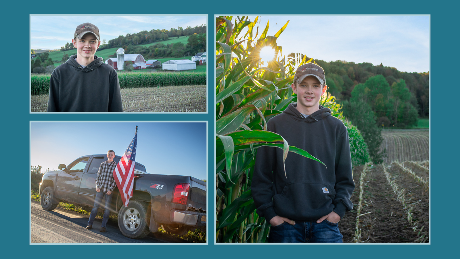 Country Boy Senior Session: Teen Boy poses on a farm, alongside a corn field