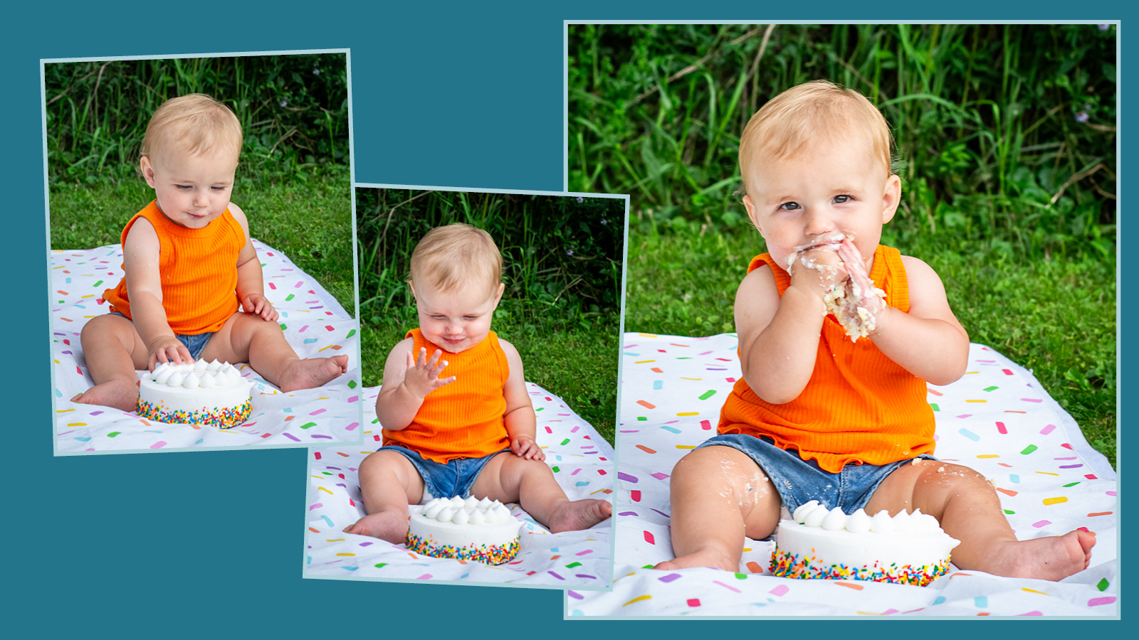 Baby's First Birthday Session: Cute baby eating birthday cake