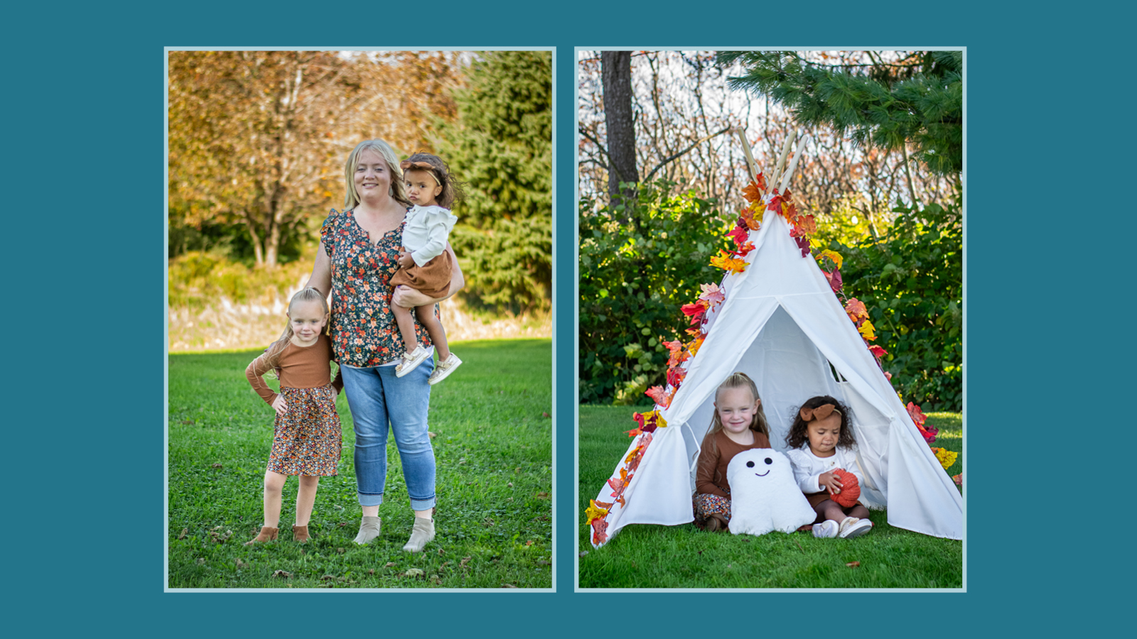 Fall Fun Session: Young girls pose with their mother, fall and halloween themed props